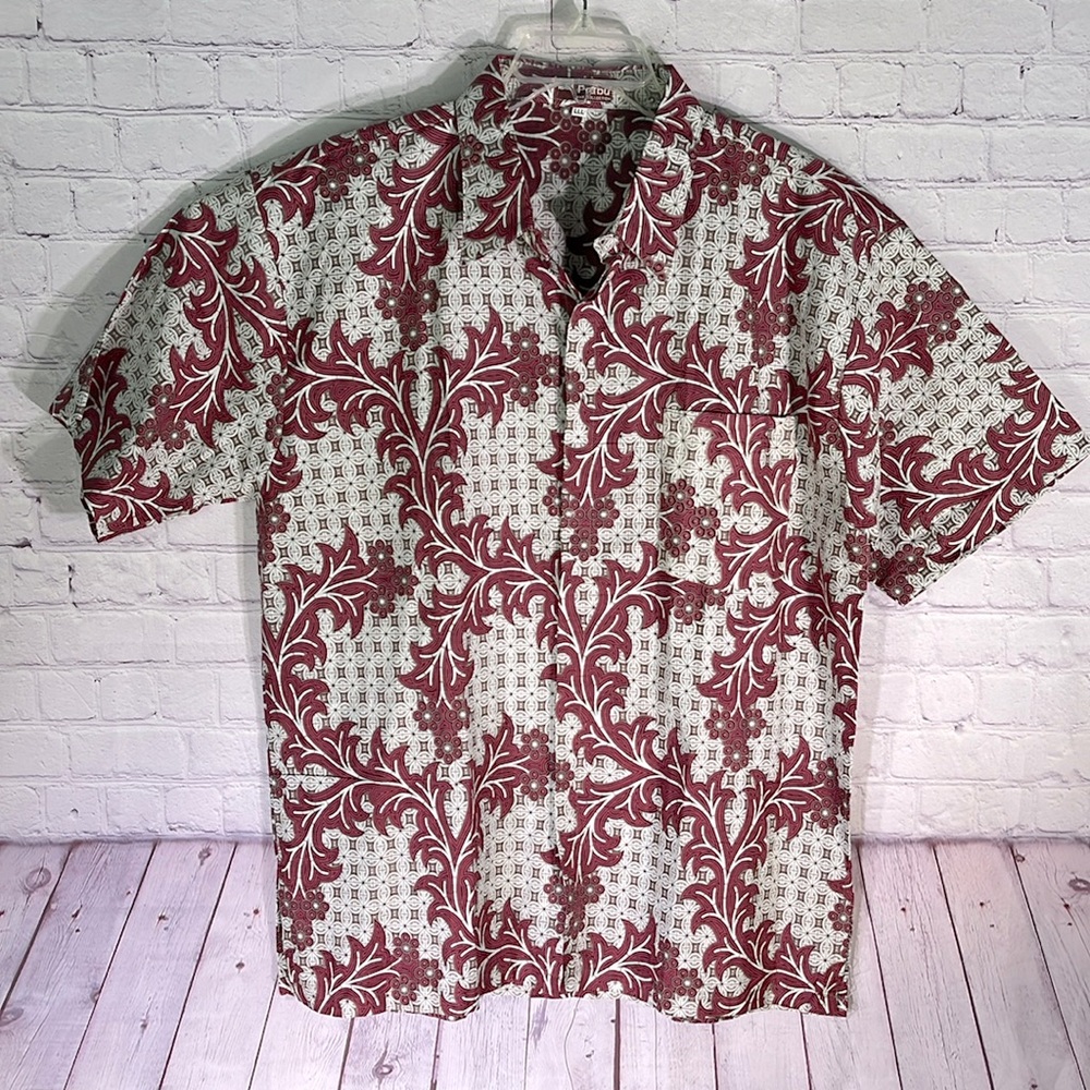 PRABU Men's Gray & Red Hawaiian Button-Down Shirt in Size: Large